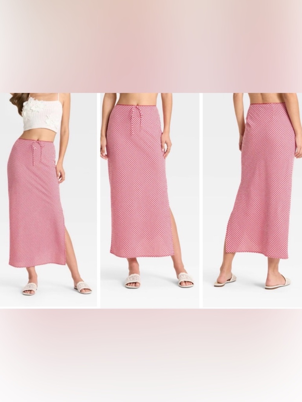 Women’s Wild Fable Seersucker Column Red White Gingham Side Slit Maxi Skirt XS
